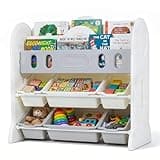 Costzon Kids Bookshelf & Toy Storage Organizer, Montessori Floor Book Shelf with 2 Front-Facing Racks, 6 Removable Bins, Space-Themed HDPE Corner Book Case for Playroom, Nursery