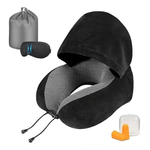 Neck Pillow - Travel Pillow Neck with Hood for Airplane, Memory Foam Head Neck Support Neck for Long Flights, Ergonomic Design for Trip, Office, Includes Eye Mask & Ear Plugs, Black