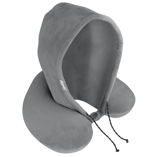 Sealy Travel Pillow - Airplane Neck Pillow with Hood, Travel Neck Pillow for Airplanes, Memory Foam Travel Pillow, Premium Support Travel Pillows for Long Flights (Gray)