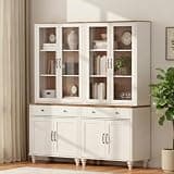 WAMPAT Large Bookcase with Glass Doors, Farmhouse Bookshelf with Ample Storage Cabinet, Display Book Case with 3-Tier Book Shelves, Library Wooden Bookshelves for Living Room, Office, Kitchen, White