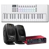 Novation Launchkey Mini 37 MK4 White MIDI Controller Bundle with ADAM Audio D3V Black Monitors and Scarlett 2i2 Interface — White-and-Black USB-C Studio for Music Production, Beat Making, Recording
