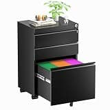 Omelaza 3 Drawer Mobile File Cabinet with Lock, Under Desk Metal Filing Cabinet for Letter/Legal/A4 Size, Fully Assembled Except Casters, Rolling Office Organizer for Home Office, Black