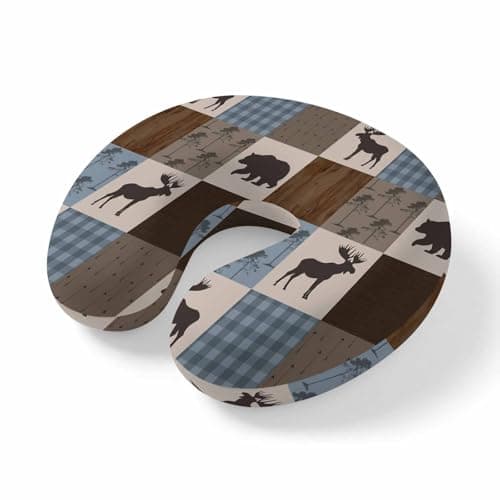 ZRNLTDGHK Neck Pillow Retro Deer Bear Plaid Check Travel Pillow Memory Foam U Shaped Pillows, Abstract Patchwork Pattern Travel Neck Pillows for Airplane Car Office Home Sleeping Rest