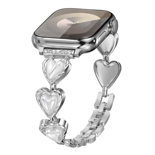 Nereides Compatible with Apple Watch Bands for Women 42mm/41mm/40mm/38mm,Fashion Love Heart Metal Chain iWatch Bands for Women Series 10 9 8 7 6 5 4 3 2 1,Silver
