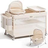 Pamo Babe 6-in-1 Pack and Play with Bassinet – One-Step Setup Baby Bassinet, Portable Playard, Travel Crib with Mattress, Changing Table, Storage Bag & 4 Wheels Travel Playpen for Baby (Beige)