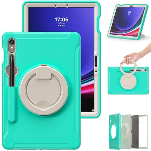 WEUFBG for Samsung Galaxy Tab S10 FE/S9 FE 5G 10.9 Inch/Tab S9 11 Inch 2023 Releas Case, Full-Body Protective Case Rugged Hybrid Bumper Protective Cover with Handle Grip,Swivel Stand(Green 2)