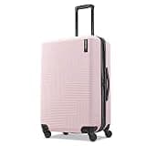 American Tourister Stratum XLT Expandable Hardside Luggage with Spinner Wheels, Pink Blush, Checked-Medium 24-Inch