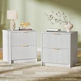 Furniway Nightstands Set of 2, Fluted Nightstand with Gold Metal Handles and 2 Drawers, Modern Bedside Table, 19.6" Wide Wood End Table for Bedroom, White
