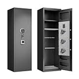 Safe, Rifle Safe, Fingerprint Pistol Safe for Home, Large Capacity Firearm Cabinet, Holds 5 Long Guns and 3 Pistols, No Assembly, Black, Adjustable Butt Position