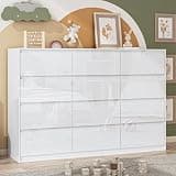 jiteentarou White Malm Dresser for Bedroom, 63" Wide 41" Tall Full High Gloss Dresser with 12 Drawers, Modern Large Wood Chest of Drawer Handle Free, Living Room, Entryway, Hallway, White