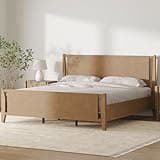 Nathan James Cameron Mid Century Modern King Size Bed Frame with Headboard, Faux Leather Platform Bed with Solid Wood Legs, Light Brown
