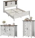AMERLIFE 3-Piece Farmhouse Bedroom Set, Queen Size Bed with Sliding Barn Doors & Bookcase Headboard, 5-Drawer Tall Dresser, 4-Drawer Sideboard Cabinet, Antique White