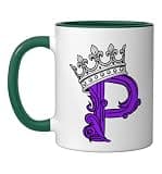 Purple Color Letter P Initial + Crown Purple Graphic Ceramic Mug, Dark Green/White, 11oz