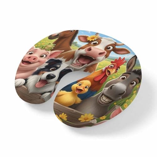 LXCPBNQT Neck Pillow Farm Animal Pig Chickens Cows Washable Memory Foam Pillow for Airplane Office Car Sleeping, Pastoral Wild Flower Travel Pillows U Shaped Stretch Neck Support Pillows