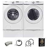Samsung White Front Load Laundry Pair 4.5 Cu Ft Washer 7.4 Cu Ft Electric Dryer with Pedestals Dryer Vent Power Cord Water Hoses and 1 Year CPS Warranty Large Capacity Home Set