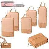 6-Piece Expandable Space-Saving Packing Cubes, Compression Travel Organizer Set with Shoe Laundry Bags, Space Saving Suitcase Organizer for Clothes, Carry-On Trips (Brown)