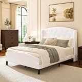 madeslves Full Size Upholstered Bed Frame with 53" Tall Headboard, White Short Plush Button Tufted Wingback Wood Platform Bed with Footboard, Metal Slats Support, No Box Spring Needed, Easy Assembly