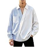 Men's Designer Pull On Shirt Big and Tall No Buttons V Neck Striped Collared Dress Casual Shirts Asymmetrical White