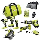 6 Power Tools Combo Kit Bundle with Buho Tool Bag, and Holster, 6 Ryobi Tools, 2 Batteries, Charger, and 40 Piece Drill Bit Set