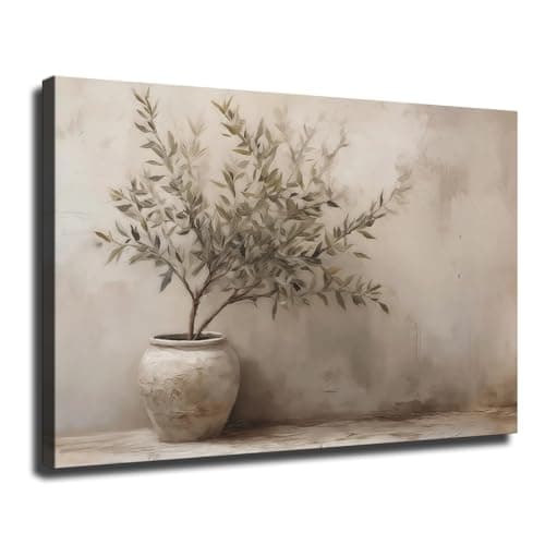 LXZNRQU Olive Tree Framed Poster, Pottery Still Life Painting Wall Decor, Neutral Modern Organic Wall Art for Living Room Ready To Hang (Wrapped Canvas,16×24 inch)