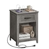 SONGMICS Home Nightstand with Charging Station, Bedside Table with Open Shelf, Farmhouse Side Table for Bedroom, Drawer, Gray