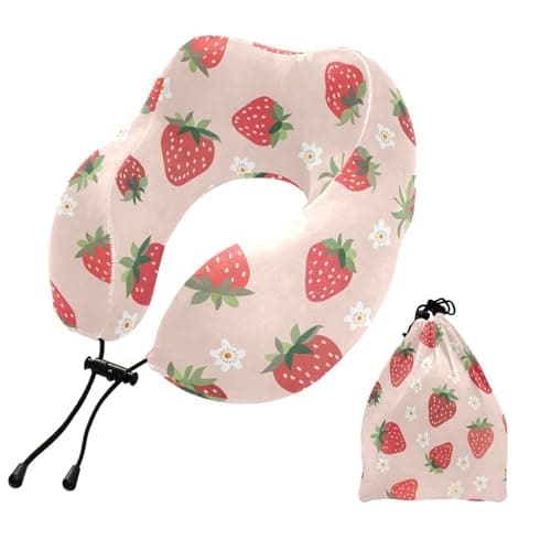 ZOEO Travel Pillow for Neck Head, Strawberries Flowers Pattern Memory Foam Padding Sleeping Airplane Trains Cars Camping Office