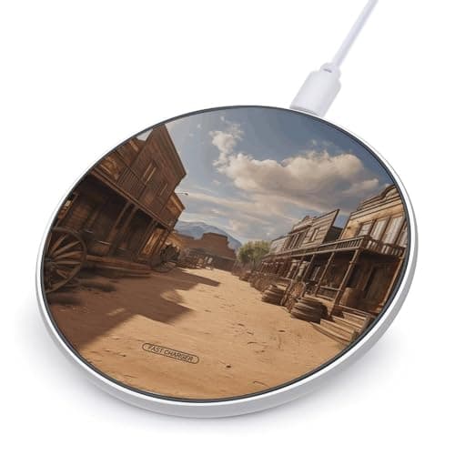Old Wild West Cowboy Town Wireless Charger, 10W Qi-Certified Fast Wireless Charging Pad with USB Cable & LED Indicator Fashion Charger Mat Portable Charging Station for All Qi-Enabled Phones