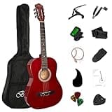 BESYOU 38in Beginner Acoustic Travel Guitar Basic Starter Kit Tuner Capo Strings Winders Strap Picks Pickguard with Gig Bag Starter Practice Guitar For Kids Teens Students Adults