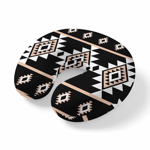 Black White Boho Travel Neck Pillow Memory Foam,Hand Neck Support Airplane Pillow for Traveling Bed Car Office Home,Modern Western Aztec Abstract Geometric Flight Pillows with Removable Cover