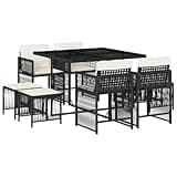 WRJENFSC 9-Piece Garden Dining Set, Black Poly Rattan Patio Furniture with 8 Cushioned Chairs and Tempered Glass Table, Space Saving Foldable Outdoor Dining Table and Chairs Set