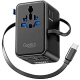 Ceptics GAN 100W Universal Travel Adapter with Retractable USB-C Cable, 2X USB-A & C, Universal Input and 1x USA/JP Input, 7 in 1 Universal Adapter for Worldwide Travel - Type A, C, G, I Output
