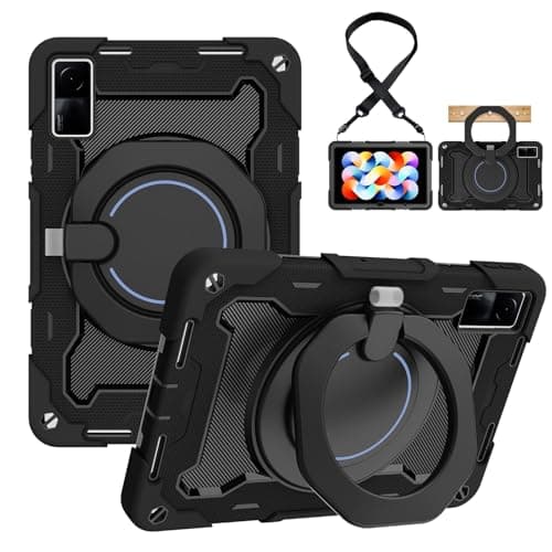 Durable Protective Case for Xiaomi Redmi Pad 10.6 Inch Tablet Case, 360° Rotating Stand, Shoulder Strap Pencil Holder and Ring Holder Shockproof Case for Children Adults(Noir)