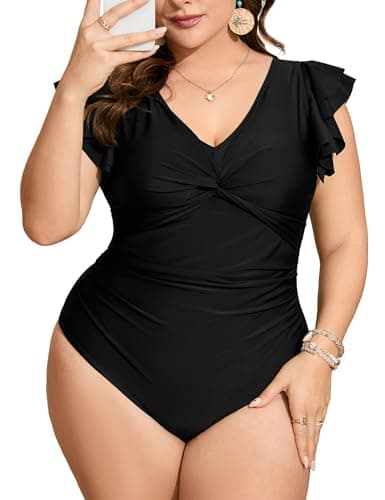 ShopWonder Women's Plus Size Tummy Control Swimsuit One Piece Slimming Bathing Suit Halter Push Up V Neck Swimwear Black 5XL