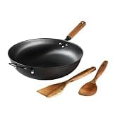 Oster Dunwood 3 Piece Carbon Steel Wok, 13.8” PFAS-Free Stir Fry Pan with Wooden Spatulas, High Heat, Oven & Stovetop Safe