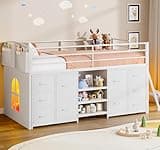 Twin Low Loft Bed with 10 Storage Drawers and LED Lights, Loft Bed Twin Size for Kids with Bookcase, Metal Kids Loft Bed Frames with Safety Guardrail, Inclined Ladder&Play Curtain,Spave Saving,White