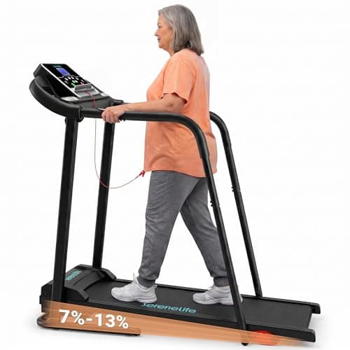 SereneLife Foldable Treadmill with Handrail | 3.5 HP Smart Incline Walking Pad Compatible with Fitshow, Kinomap & Zwift | Bluetooth | 4-Level Incline & Shock-Absorbing Belt | Supports up to 265 lbs