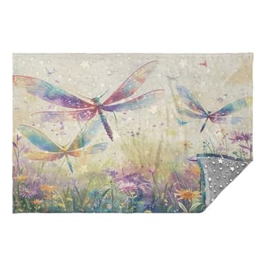 Jihqo Wildflowers Dragonfly Travel Blanket Glowing in The Dark, Soft 2 in 1 Airplane Blanket 65" x 55", Foldable as Pillow, Luggage Sleeve & Backpack Clip