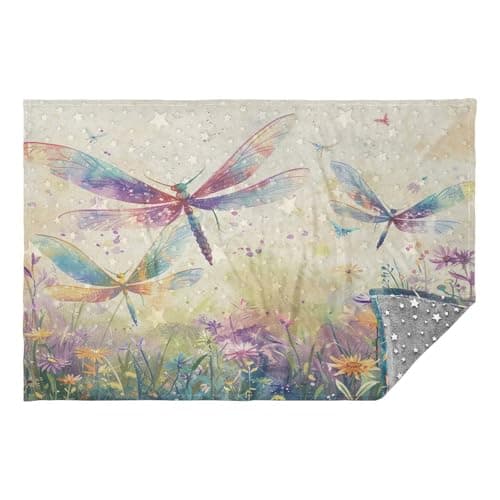 Jihqo Wildflowers Dragonfly Travel Blanket Glowing in The Dark, Soft 2 in 1 Airplane Blanket 65" x 55", Foldable as Pillow, Luggage Sleeve & Backpack Clip