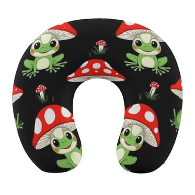 100% BLUE COLLAR Washable Cover U Shaped Neck Pillow Neck and Head Support Portable Travel Pillows Memory Foam Travel Pillow (Cute Frogs Cartoon Mushroom Hats (1))