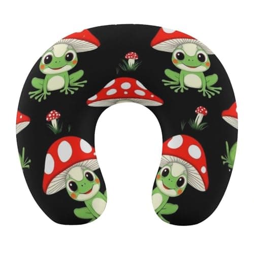 100% BLUE COLLAR Washable Cover U Shaped Neck Pillow Neck and Head Support Portable Travel Pillows Memory Foam Travel Pillow (Cute Frogs Cartoon Mushroom Hats (1))