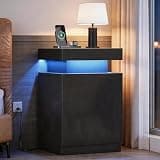 OneBlis Nightstand with Charging Station and LED Lights, 17.7 Inches LED Night Stand with Sliding Top Storage, Adjustable Shelf, Bedside Table, Modern End Table for Bedroom, Single, Black