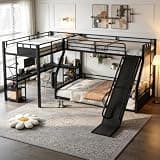 Bellemave Twin XL Over Queen Triple Bunk Beds with Slide and L Desk, Metal L-Shaped 3 Bunk Beds for Kids, Black