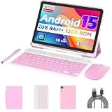 Android 15 Tablet 10 inch Tablets, 20GB RAM 128GB ROM 2TB Expandable, 2.0GHz Quad-core Processor, 2 in 1 Tablet with Keyboard Case Stylus Mouse, 5G WiFi6, BT 5.0, 6000mAh, Widevine L1, GMS, Pink