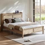 Evermagin Rattan Bed Frame Queen Size with Headboard, Boho Queen Platform Bed with Charging Station, Queen BedFrame with Woven Storage Shelf, No Box Spring Needed, Natural Oak