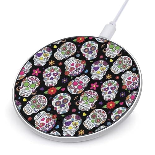 Colorful Vintage Sugar Skull Wireless Charger Portable Fast Charging Pad Lightweight Wireless Charging Pad 10W Slim Charging Station for Phone Charger Mat for Travel Home Office Desk