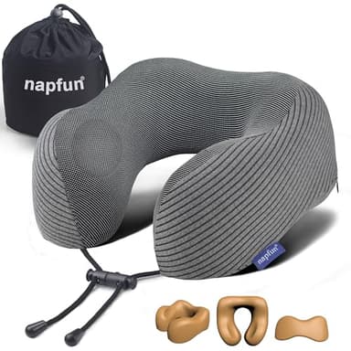 napfun Neck Pillow for Traveling, Upgraded Travel Neck Pillow for Airplane 100% Pure Memory Foam Travel Pillow for Flight Headrest Sleep, Portable Plane Accessories, Dark Gray