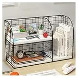 VHDY85KA Bookcase Desktop Bookshelf Office Organizer with White Panel, Metal Mesh Black Desk, 15.7 X 6.2 9.8 Inch, 1 Pack Organizer Shelves
