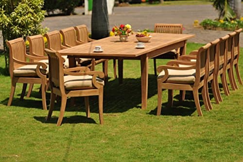 Grade A Teak Wood Dining Set 12 Seater 13 Pc: Large Atnas 122" Dining Rectangle Table Table and 12 Giva Arm Captain Chairs WFDSGV49