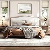 Merax Queen Platform Bed with Upholstered Headboard, Solid Wood Bed Frame with Wood Slat Support, No Box Spring Needed, Curved Headboard, Modern Bedroom Furniture, Grey Frame & White Fabric