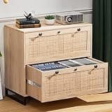VINGLI Wood Rattan 2 Drawer Lateral File Cabinet with Lock for Home Office, Lockable Filing Cabinet with Rustic Metal Handles for Hanging Letter/A4/Legal Size Labeled Folders, Oak, 30W x 16D x 28H